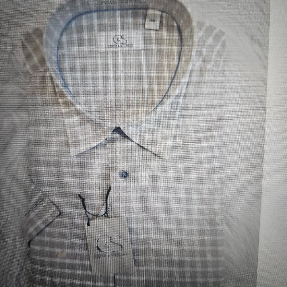 SIZE M COOPER & STEWART (NEW) Brown & White Short Sleeve Men's Shirt Lot #536